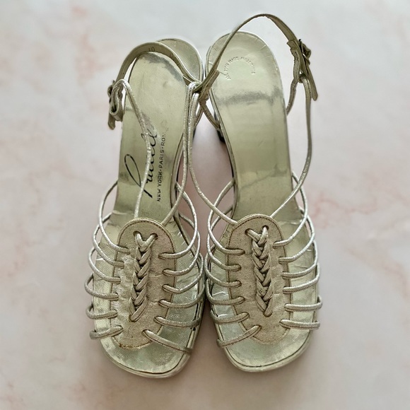 Vintage Silver Strappy Sling Back High Heels - Picture 1 of 9